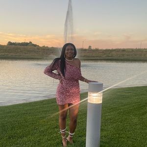 pink one shoulder sequin homecoming dress